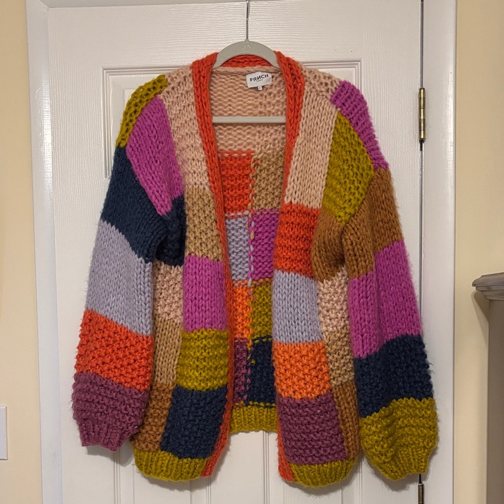 FRNCH Multicolor Chunky Knit Cardigan Sweater - Pink/Orange/Green Patchwork